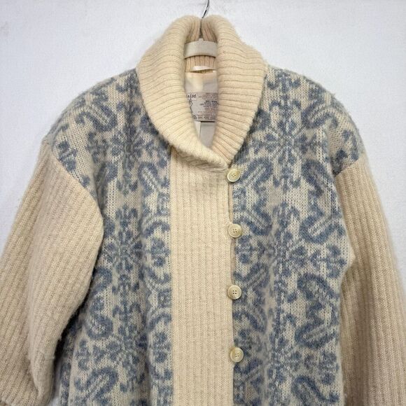Vtg Hilda Ltd Cardigan Women S Cream Blue Wool Knit Icelandic Shawl Collar 80s - Picture 4 of 12